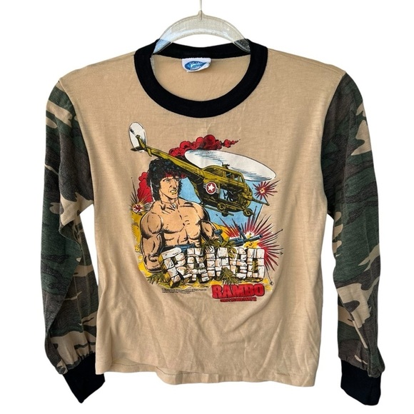 VTG 80s Rambo First Blood Part II Top Camo Sleeves Sly Stallone Youth 16 Thin - Picture 1 of 15